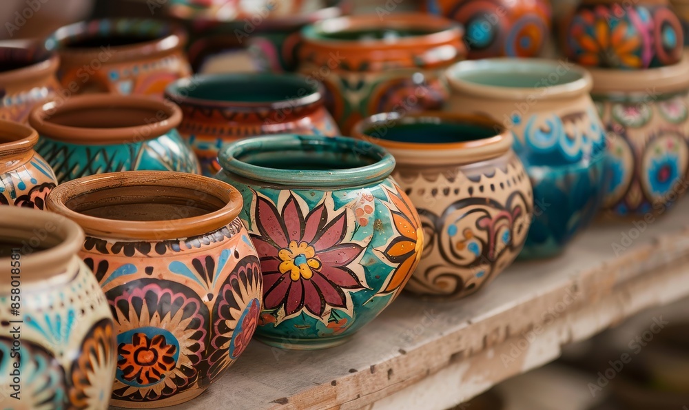 colorful handmade ceramic pots with intricate patterns and designs displayed at an art fair, showcasing traditional Mexican pottery craftsmanship colorful handmade ceramic pots with intricate patterns and designs displayed at an art fair, showcasing traditional Mexican pottery craftsmanship