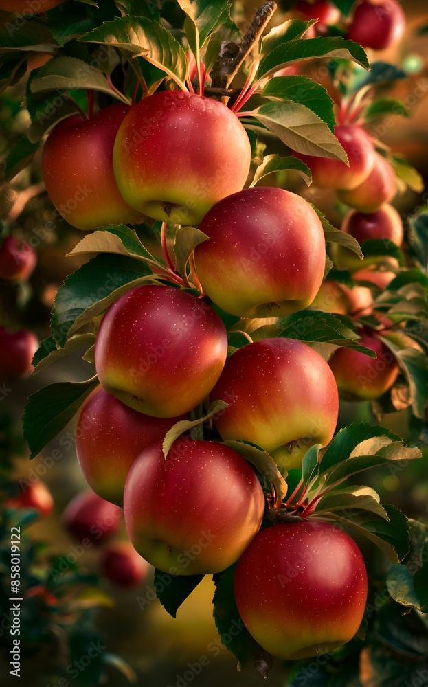 ripe juicy red apples hanging on banch on tree in garden around green leaves. close up. digital artwork. Ai generated. ripe juicy red apples hanging on banch on tree in garden around green leaves. close up. digital artwork. Ai generated.