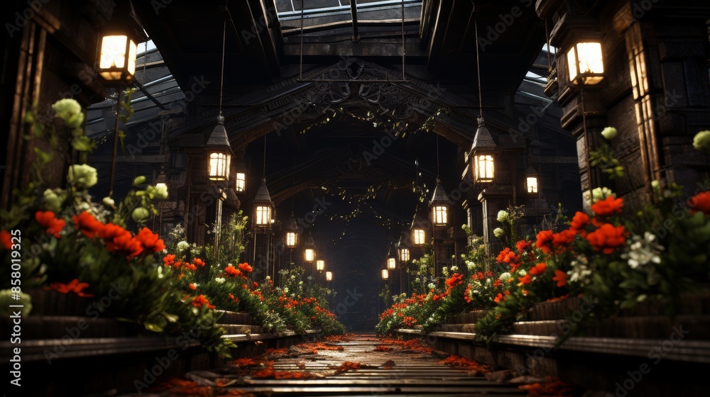 A Temple Decorated with Flowers and Lights A Temple Decorated with Flowers and Lights
