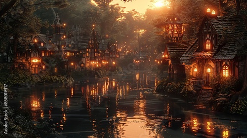 Enchanting Riverside Village at Twilight with Illuminated Houses © maniacvector