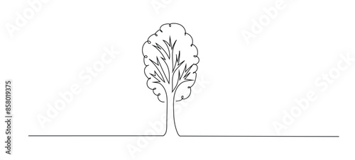 Continuous one line drawing of tree plant art style . Tree in single outline vector illustration for eco green nature concept. Editable stroke.