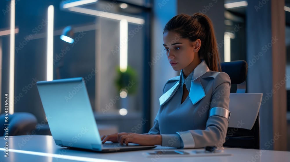 Fototapeta premium focused businesswoman working at night in a modern office with glass walls and white furniture, illuminated by laptop screen