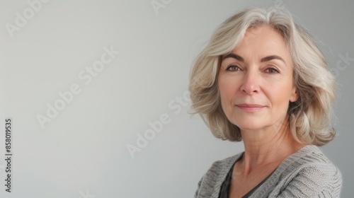 A woman with short hair and a gray sweater is smiling