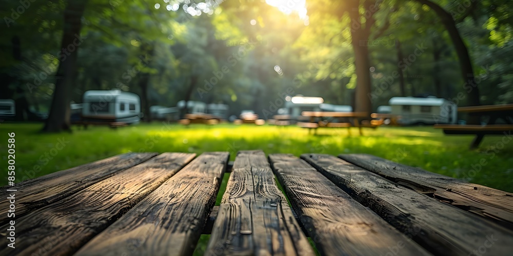 Wooden table amidst camper trailers and grass in a park. Concept Nature, Camping, Outdoors, Agriculture, Rural Life Wooden table amidst camper trailers and grass in a park. Concept Nature, Camping, Outdoors, Agriculture, Rural Life