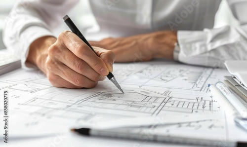 architect drawing blueprints for construction project on white paper in office