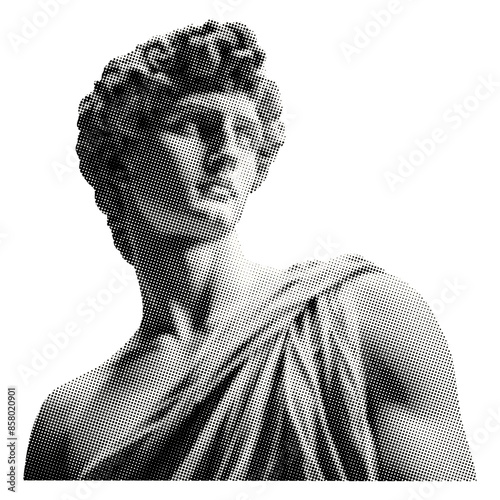 ancient sculpture of young man isolated retro halftone effect grunge dotted vintage cutout collage element for mixed media design