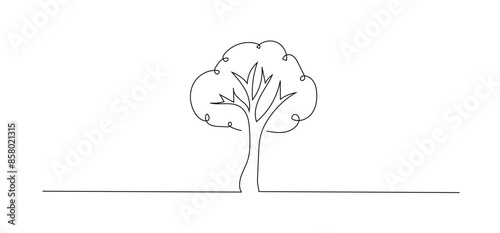 Continuous one line drawing of tree plant art style . Tree in single outline vector illustration for eco green nature concept. Editable stroke.