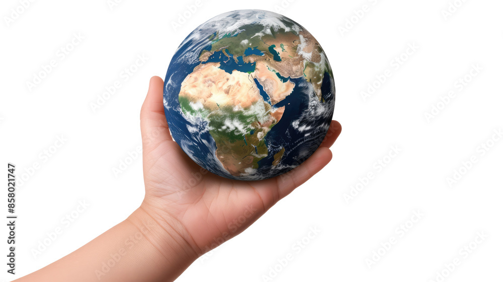 Photograph of a child's hand holding a globe, with continents seamlessly blending together, symbolizing a world without boundaries, on a transparent background Photograph of a child's hand holding a globe, with continents seamlessly blending together, symbolizing a world without boundaries, on a transparent background