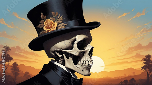 The image is a digital illustration of a skull wearing a top hat and bow tie.