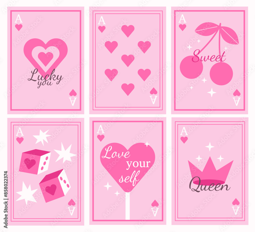 Set of abstract girlie poster with shot phrase in y2k style. Flier with playing cards and dice, cherry. Trendy covers in pastel colors. Set of abstract girlie poster with shot phrase in y2k style. Flier with playing cards and dice, cherry. Trendy covers in pastel colors.