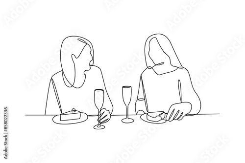 Continuous one line drawing people dinner with old friend. Family having meal around kitchen table together. Dinner minimalist concept. Single line draw design vector graphic illustration