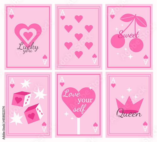 Set of abstract girlie poster with shot phrase in y2k style. Flier with playing cards and dice, cherry. Trendy covers in pastel colors.