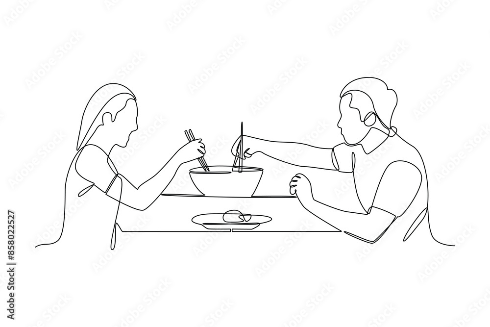 Continuous one line drawing A couple is having a romantic dinner at a restaurant. Family having meal around kitchen table together. Dinner minimalist concept. Single line draw design vector graphic il Continuous one line drawing A couple is having a romantic dinner at a restaurant. Family having meal around kitchen table together. Dinner minimalist concept. Single line draw design vector graphic il