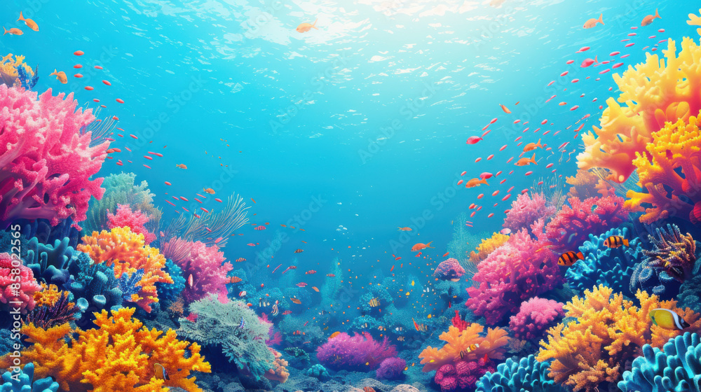 Fototapeta premium Colorful coral reef teeming with tropical fish and marine life under clear blue ocean waters.
