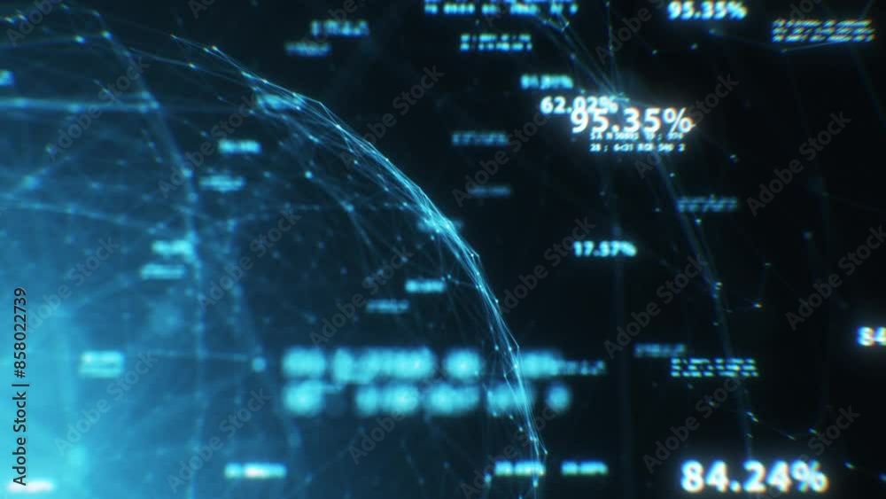 Digital Network with Numbers and Text Turning in Abstract Space Illustration. Figures Flying Around the Wired Globe Background. Computer Technology and Business Concept 3d Animation 4k UHD 3840x2160.