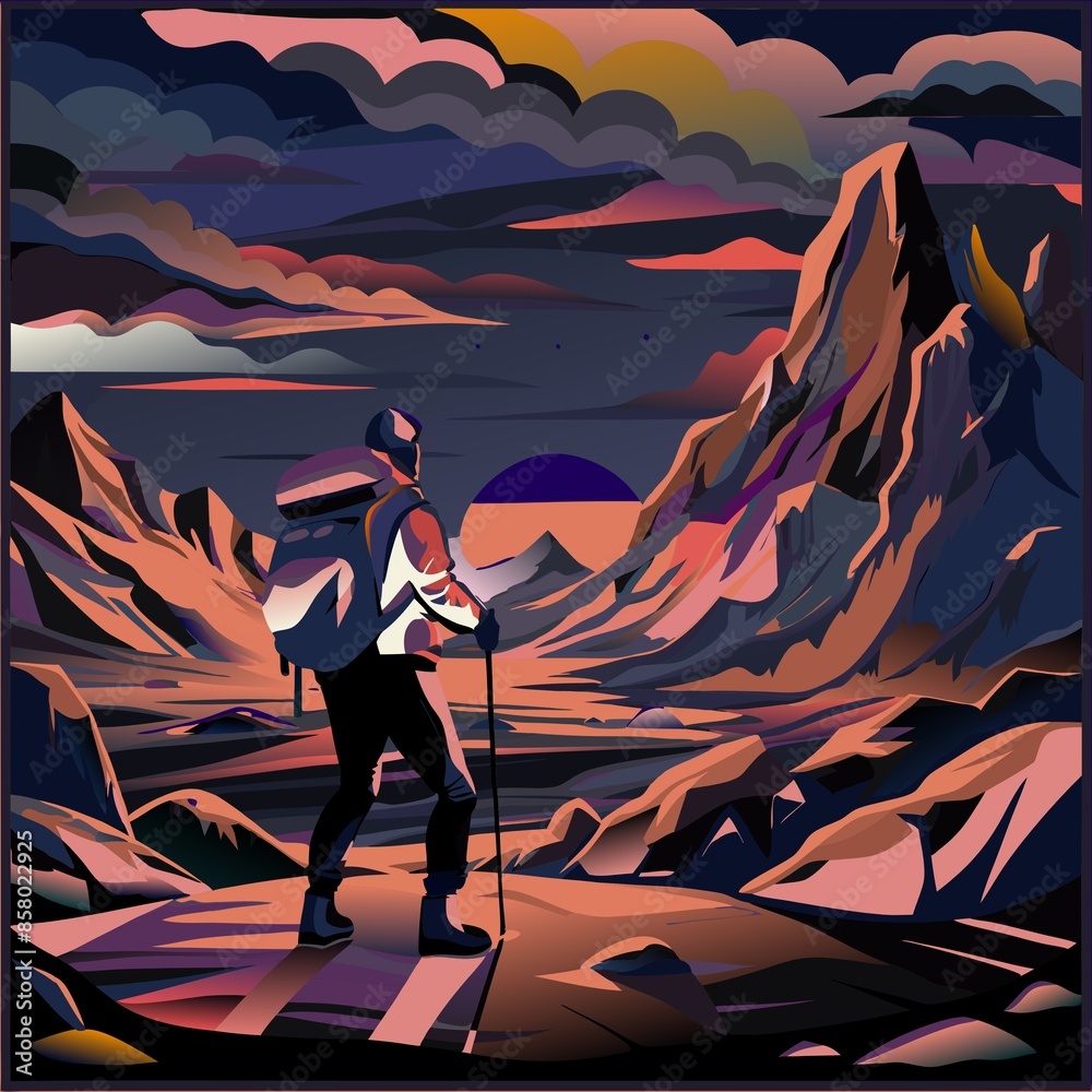 Fototapeta premium The icon of a human climber climbing and making his way through mountains and ice