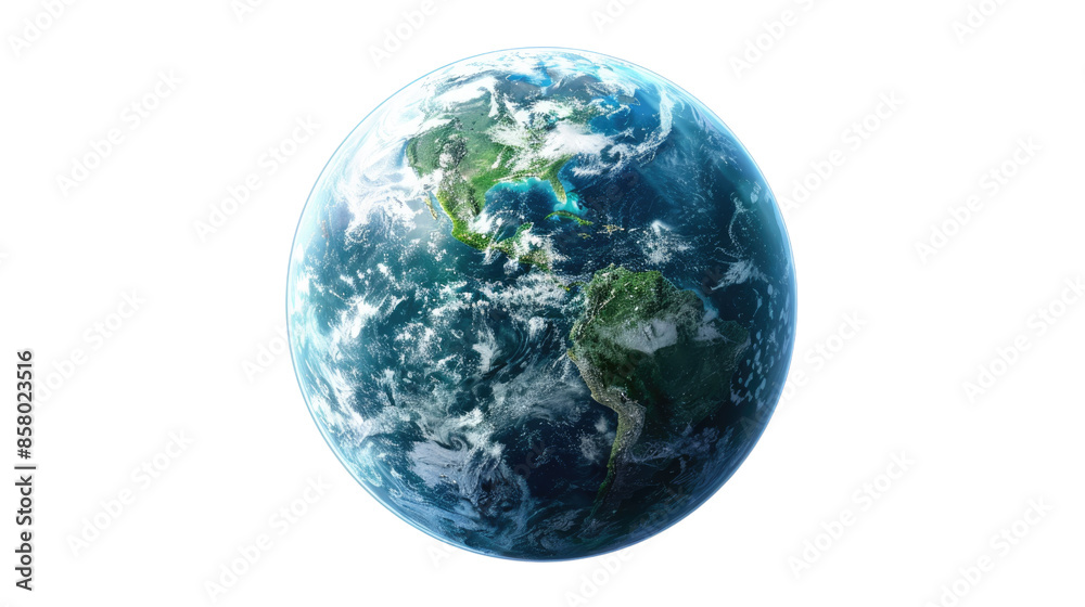 Photograph of an Earth-like planet with lush green continents, blue oceans, and wispy clouds, set against a transparent background.