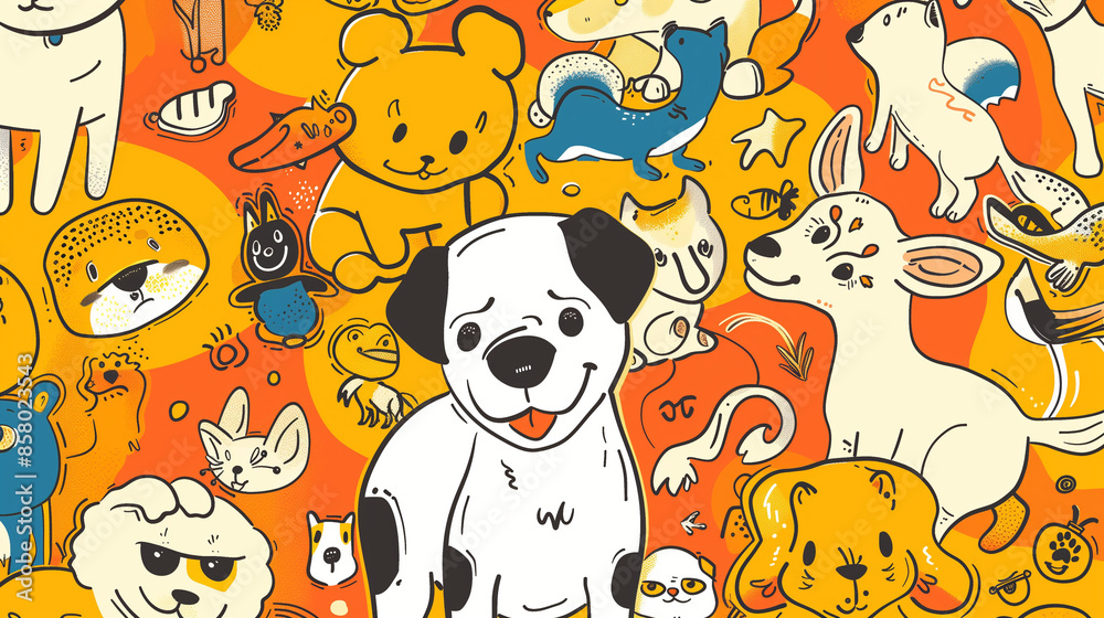 Obraz premium Doodle Animals Theme, Dog Cute Background Wallpaper