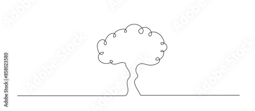 Continuous one line drawing of tree plant art style . Tree in single outline vector illustration for eco green nature concept. Editable stroke.