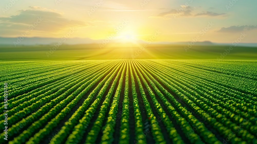 Sunrise over a lush, green agricultural field, showcasing rows of crops stretching to the horizon under a vibrant morning sky. Sunrise over a lush, green agricultural field, showcasing rows of crops stretching to the horizon under a vibrant morning sky.