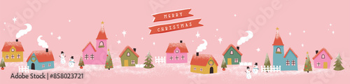 Cute hand drawn seamless Winter landscape with cute houses, trees and snow, Vector horizontal banner winter wonderland