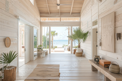 Modern minimalist hallway in a coastal retreat, featuring clean lines, natural materials, light airy palette, bathed in warm afternoon sunlight, with seamless integration with the outdoors.