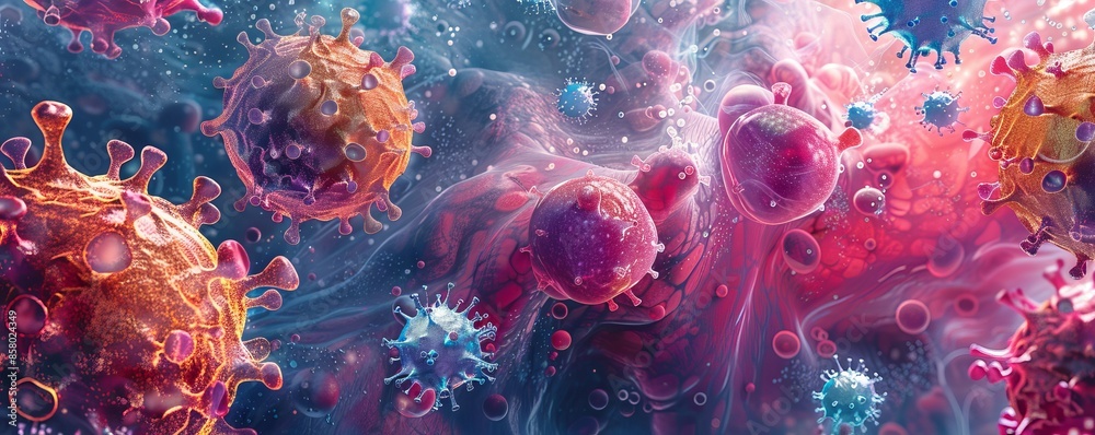 Vivid microscopic view of viruses and bacteria in vibrant colors, illustrating the complexity and diversity of microorganisms. Vivid microscopic view of viruses and bacteria in vibrant colors, illustrating the complexity and diversity of microorganisms.