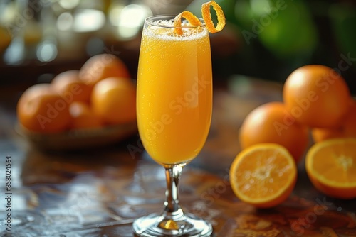 A mimosa cocktail in a champagne flute, with equal parts sparkling wine and orange juice, garnished with an orange twist.