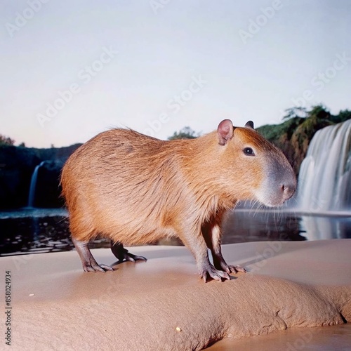 A capybara is walking in front of a waterfall