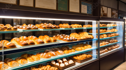 Bakery, closeup: Display cases filled with fresh bread, cakes, and pastries, with a warm, inviting scent and a cozy interior. Perfect for scenes involving sweet treats, and daily routines