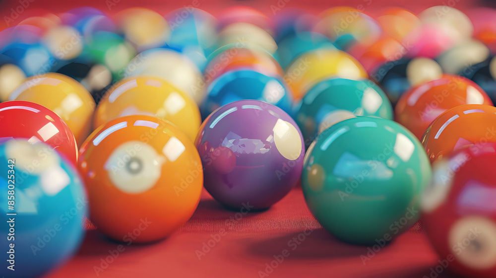 A close-up of colorful billiard balls arranged on a red table, emphasizing their glossy surfaces and vibrant hues. A close-up of colorful billiard balls arranged on a red table, emphasizing their glossy surfaces and vibrant hues.