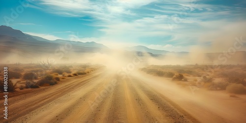 The Endless Dusty Road A Call to New Adventures. Concept Road Trips, Adventure Planning, Wanderlust Mindset, Travel Destinations, Exploring Unknown Paths photo
