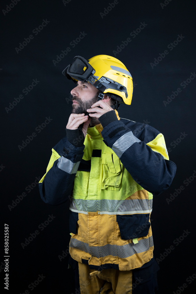 Firefighter in uniform fastening his helmet in a photo studio Firefighter in uniform fastening his helmet in a photo studio
