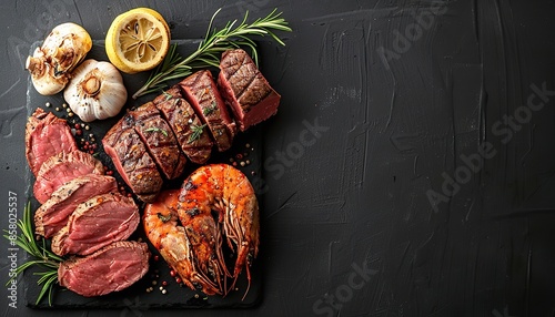 Professional food photography featuring a selectively focused view of ready-to-eat surf and turf against a black backdrop for advertising purposes, Generative AI.