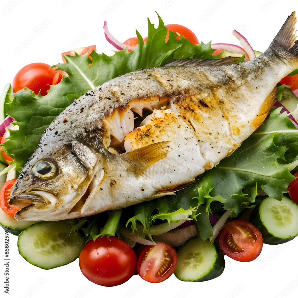 grilled fish on green salad leaves on white background grilled fish on green salad leaves on white background