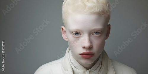 Portrait of a young boy with albinism highlighting his pale skin against a neutral backdrop. Concept Portrait Photography, Albinism, Pale Skin, Neutral Backdrop, Diversity in Portraits