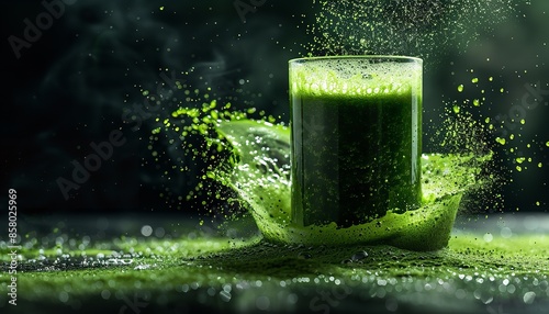 Green juice beverage healthy superfood, powdered detox green juice drink and spirulina graphic set on a solid black background with large text space, Generative AI. photo