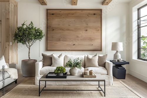 Modern living room interior featuring a large wooden frame, a white sofa, and stylish furniture, creating a cozy and inviting ambiance