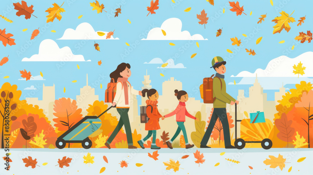 Fototapeta premium Colorful illustration of a family walking through a city park during autumn, surrounded by falling leaves.