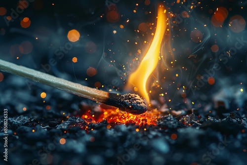 Close-up of a matchstick igniting, with vibrant flames and glowing embers on a dark backdrop, creating an intense and dynamic scene.