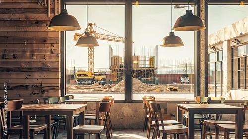 A rustic coffee shop with a construction site visible through the window, isolated on white background, perfect for urban lifestyle themes, copy space