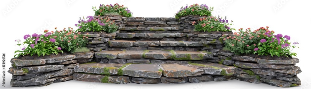 A stone staircase with flower beds on each side, isolated on white background, ideal for landscaping and garden design, copy space A stone staircase with flower beds on each side, isolated on white background, ideal for landscaping and garden design, copy space