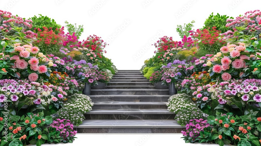Fototapeta premium A vibrant stone staircase adorned with colorful blooming flowers on either side, creating a beautiful and welcoming garden pathway.