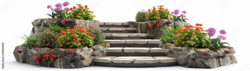 Fototapeta premium Stone steps surrounded by vibrant flower beds, featuring colorful blossoms and lush greenery, perfect for a serene garden setting.