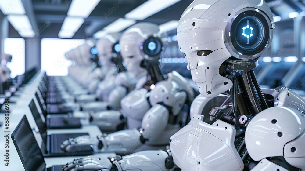 A row of humanoid robots working on laptops in a modern office, depicting advanced artificial intelligence and technology in the workplace. A row of humanoid robots working on laptops in a modern office, depicting advanced artificial intelligence and technology in the workplace.