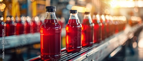Fruit juice or oil bottles for quality inspection on a beverage industry conveyor belt set against a grainy manufacturing backdrop with lots of text space, Generative AI.
