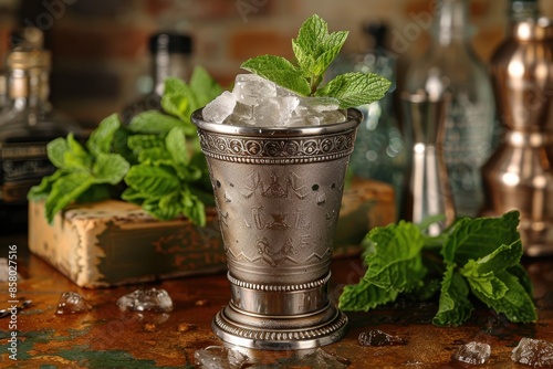 A mint julep cocktail in a silver cup, filled with crushed ice and garnished with fresh mint leaves.