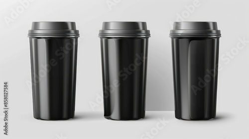 Black clean thermos cup with lid for custom text Transparent background set of three photos © TheWaterMeloonProjec