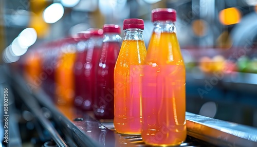 Fruit juice or oil bottles for quality inspection on a beverage industry conveyor belt set against a grainy manufacturing backdrop with lots of text space, Generative AI.
