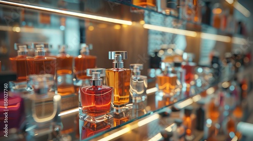 Wallpaper Mural Elegant perfume bottles displayed on a chic shelf, showcasing a variety of fragrances in a stylish, modern setting. Torontodigital.ca